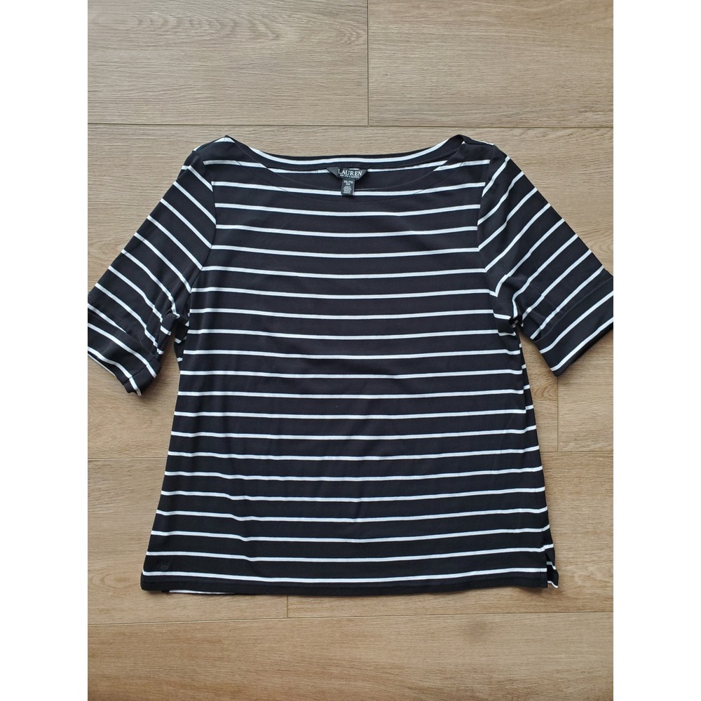 Lauren Ralph Lauren Womens XXL Black White Striped Boat Neck Short Sleeve Top
